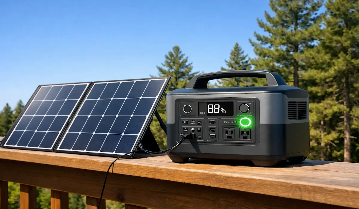 Portable power station connected to solar panels charging off-grid — best solar generator setup for camping and home backup 2026