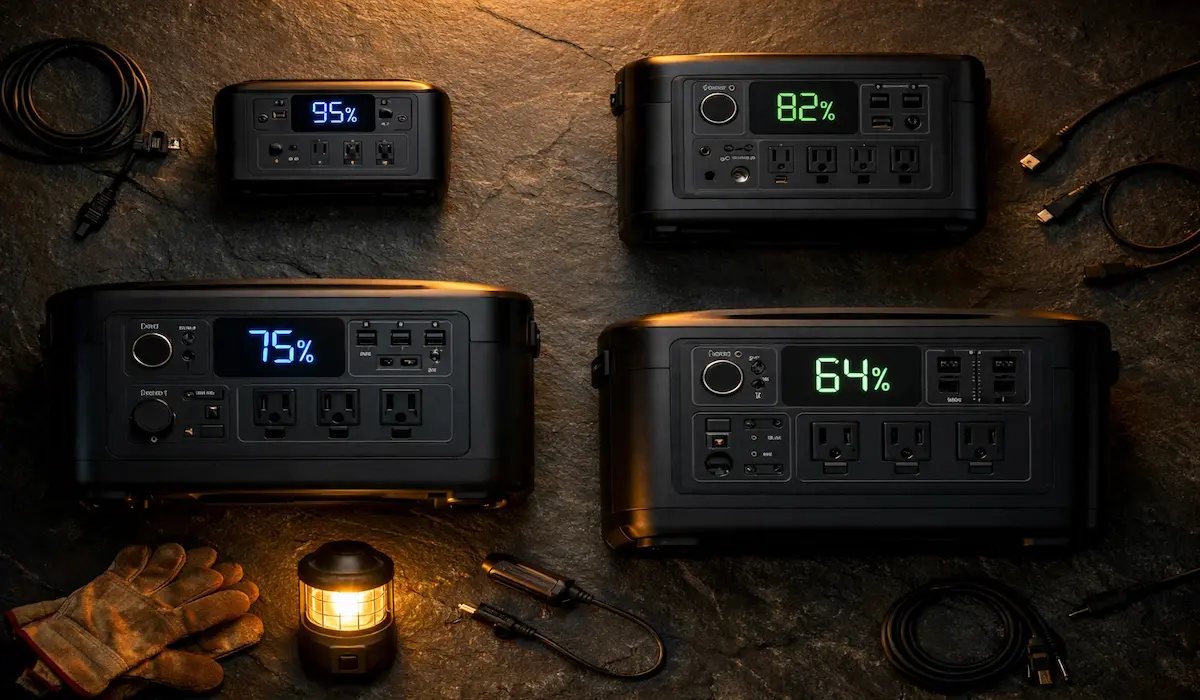 Four portable power stations of varying capacities arranged for comparison — 2026 field tested lineup