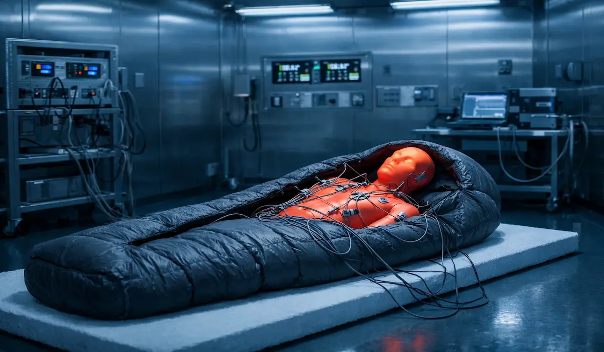 ISO sleeping bag temperature rating lab test using heated manikin in climate-controlled chamber — the test conditions that determine every backpacking sleeping bag rating