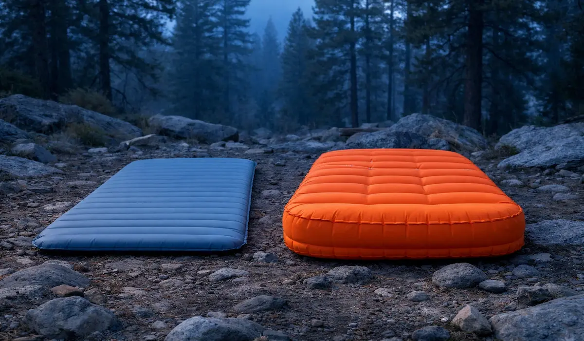 Side-by-side sleeping pad R-value comparison showing thin summer inflatable versus thick insulated winter pad — backpacking sleeping bag ratings assume R-5.3 pad in ISO test