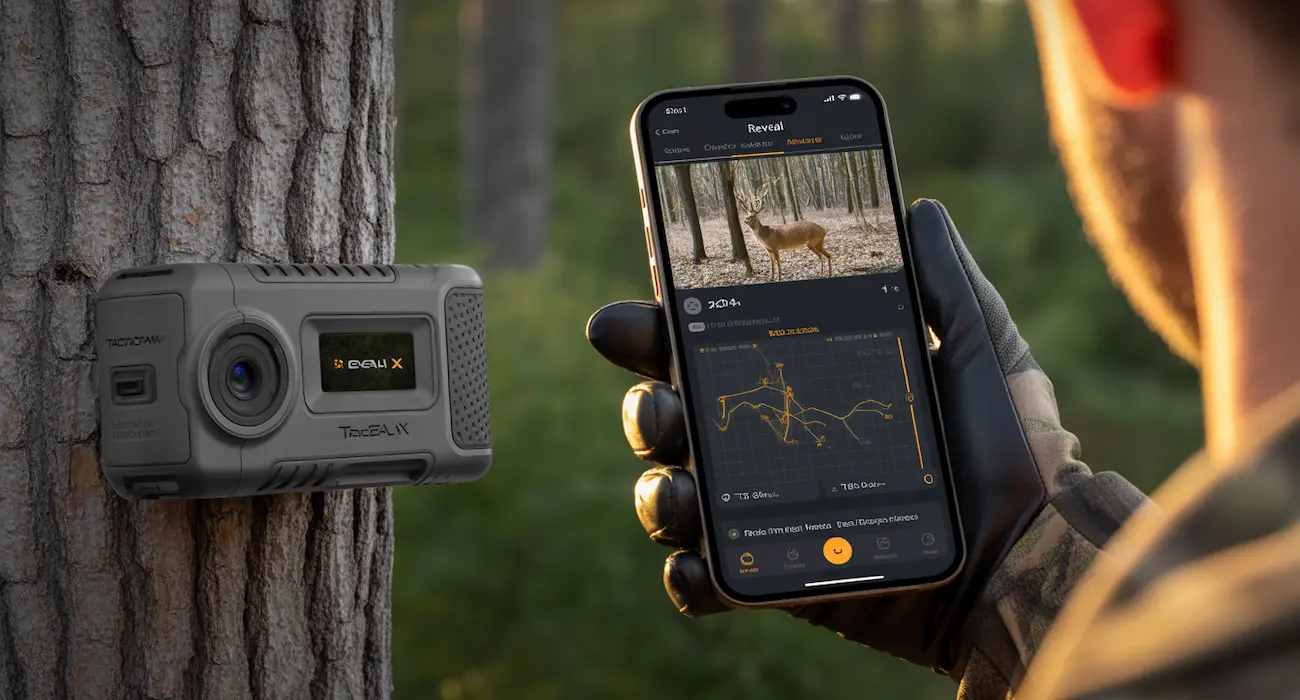 TACTACAM Reveal X Gen 3.0 AI trail camera with REVEAL app showing deer analytics on smartphone screen