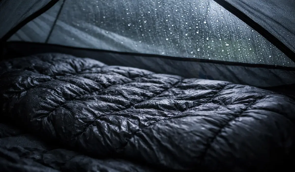 Wet down backpacking sleeping bag with collapsed loft in rainy backcountry camp — down loses significant insulating power when wet unlike synthetic insulation