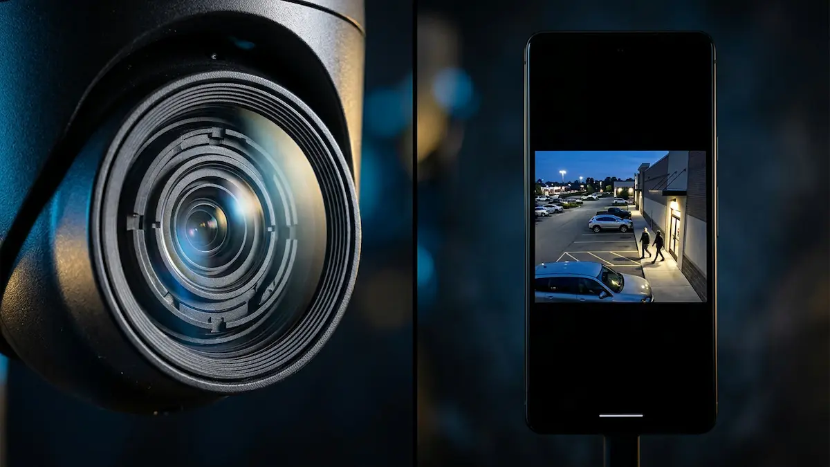 How CCTV works — light entering camera lens converted to digital image signal displayed on smartphone screen