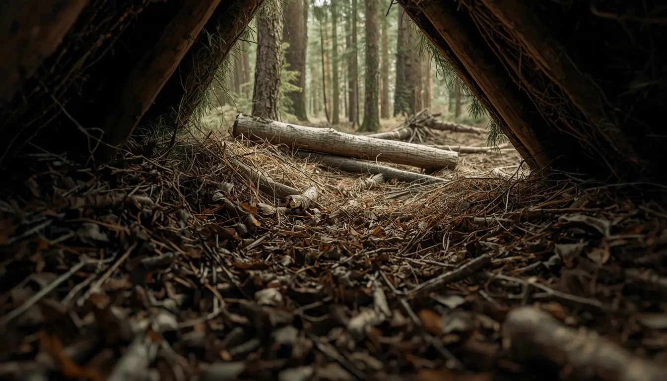 Survival shelter ground insulation debris bed of dry leaves and pine boughs preventing conductive heat loss from cold ground