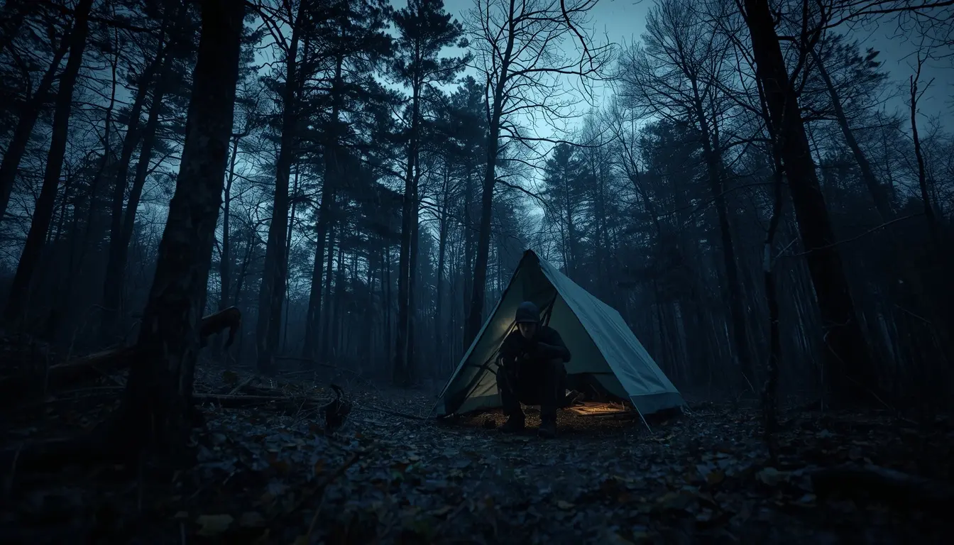 Survival shelter lean-to protecting hiker from rain exposure in Northern Michigan forest demonstrating the Rule of Threes