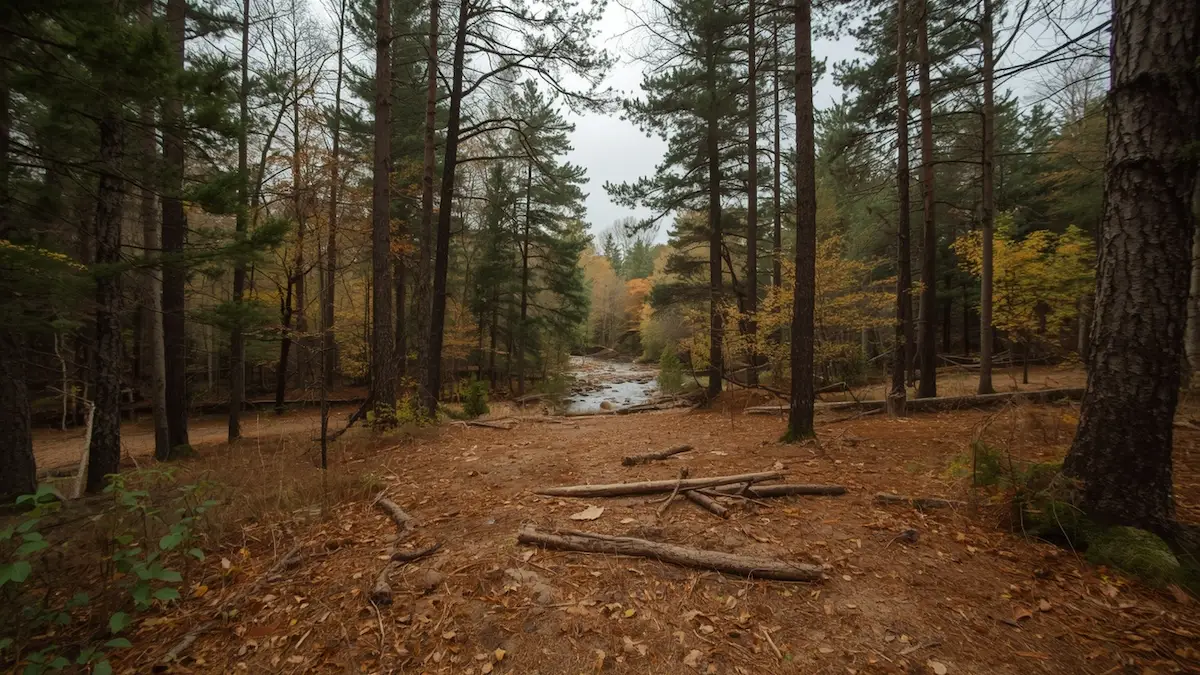 Survival shelter site selection in Northern Michigan forest showing elevated dry ground away from water and widowmaker trees