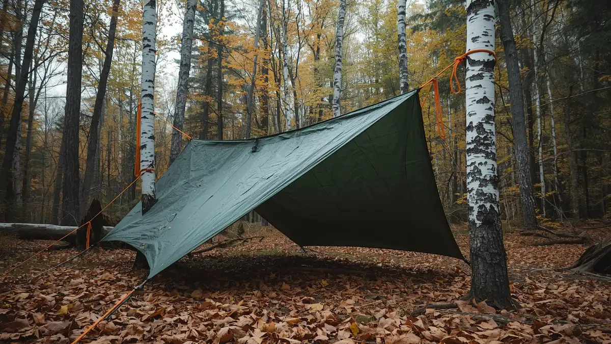 Survival shelter tarp wedge configuration rigged between birch trees with paracord in Northern Michigan autumn forest