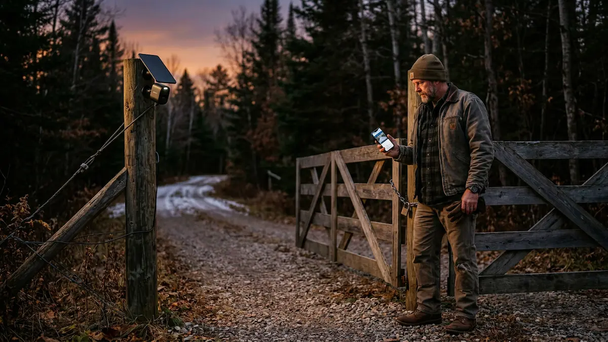 What is CCTV — property owner checking solar CCTV camera feed on smartphone app at rural Michigan gate at dusk