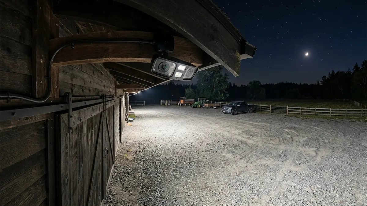 Wired dual-lens PoE CCTV camera mounted under barn eave at night showing 180 degree panoramic color surveillance view